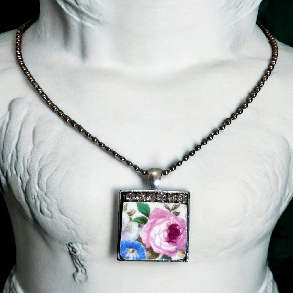 Homer Laughlin Floral Broken China  Square Pendant with Rhinestones Necklace - Picture 12 of 15